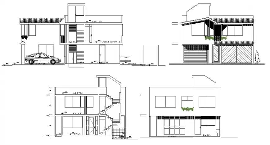 Architecture - Modern house building elevation drawing in dwg AutoCAD ...