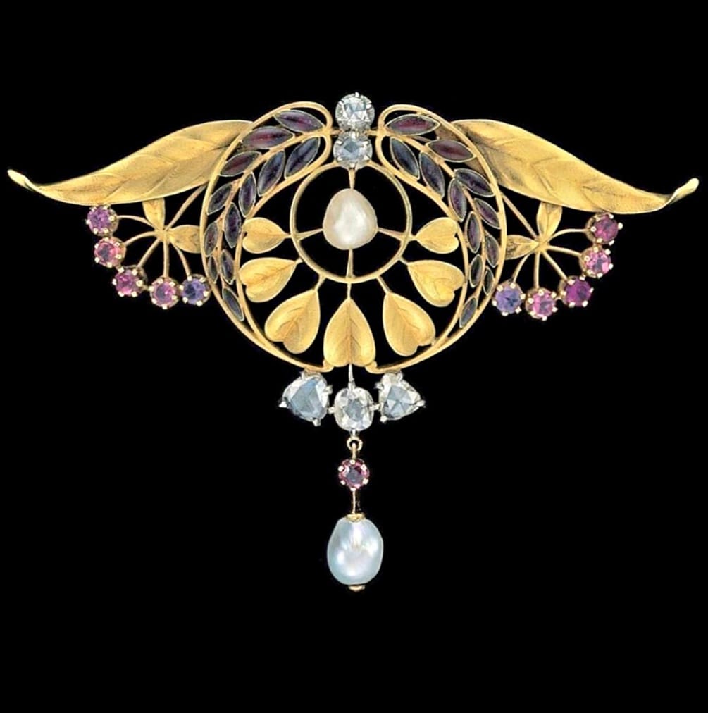 Broche Vintage Art Déco / Art Nouveau - Plaqué Or 18k (750) - Motif Feuillage - Ancienne