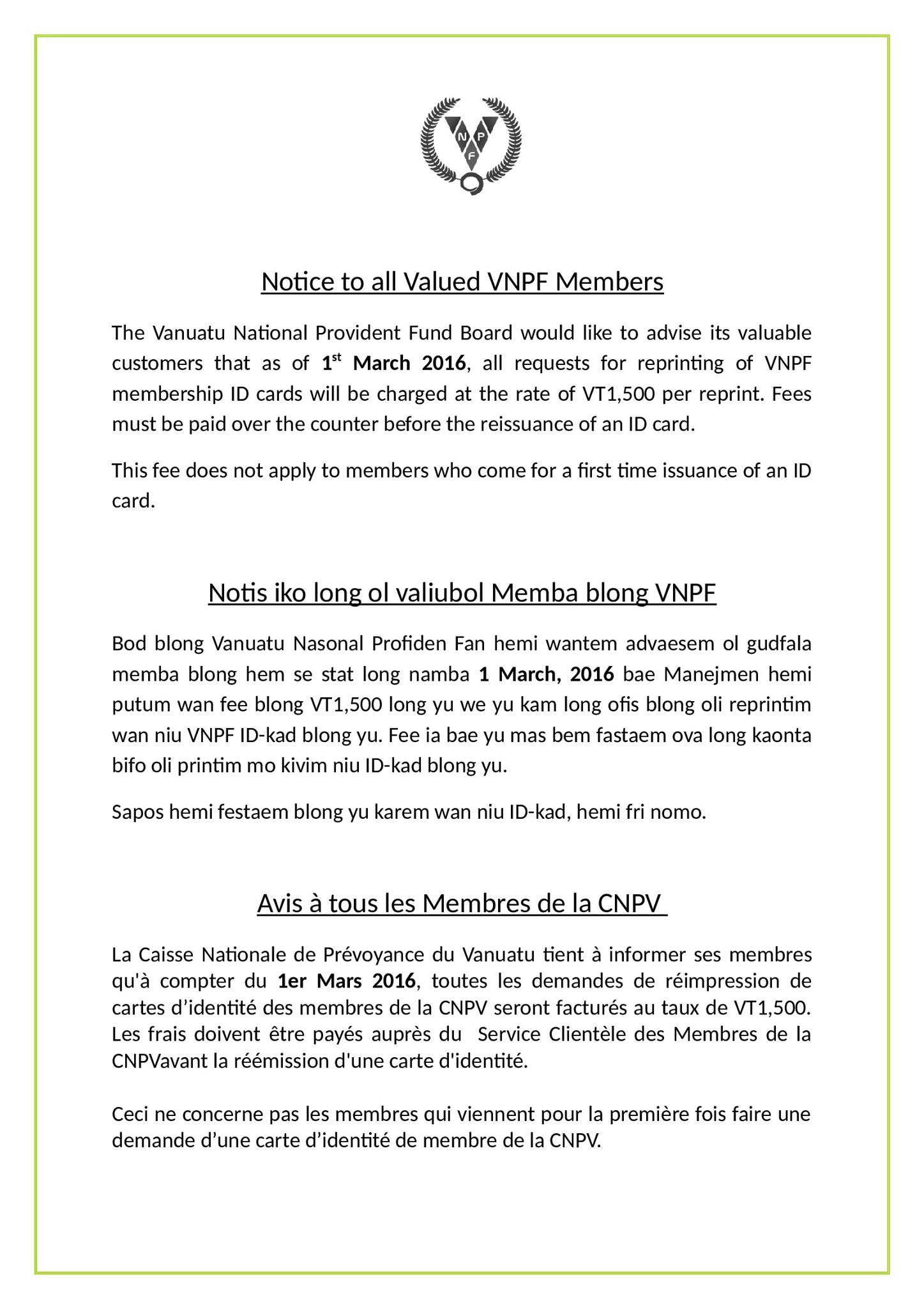 Vanuatu National Provident Fund - Membership ID Card reprints will be ...