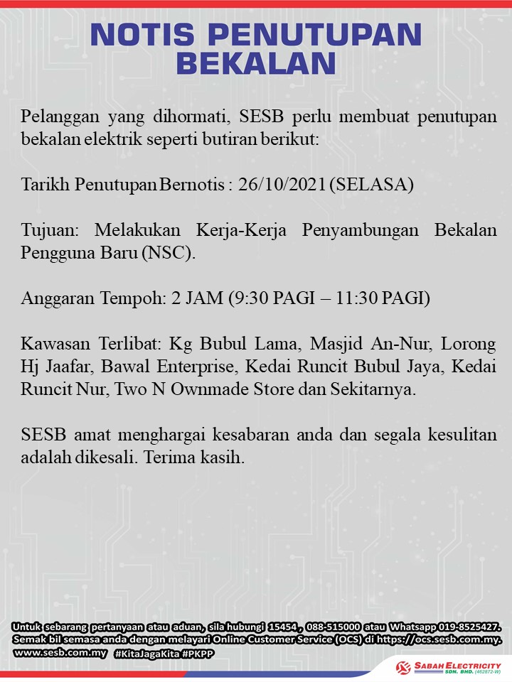 (24/10/2021) SEMPORNA: NOTIS... - Sabah Electricity Careline | Facebook