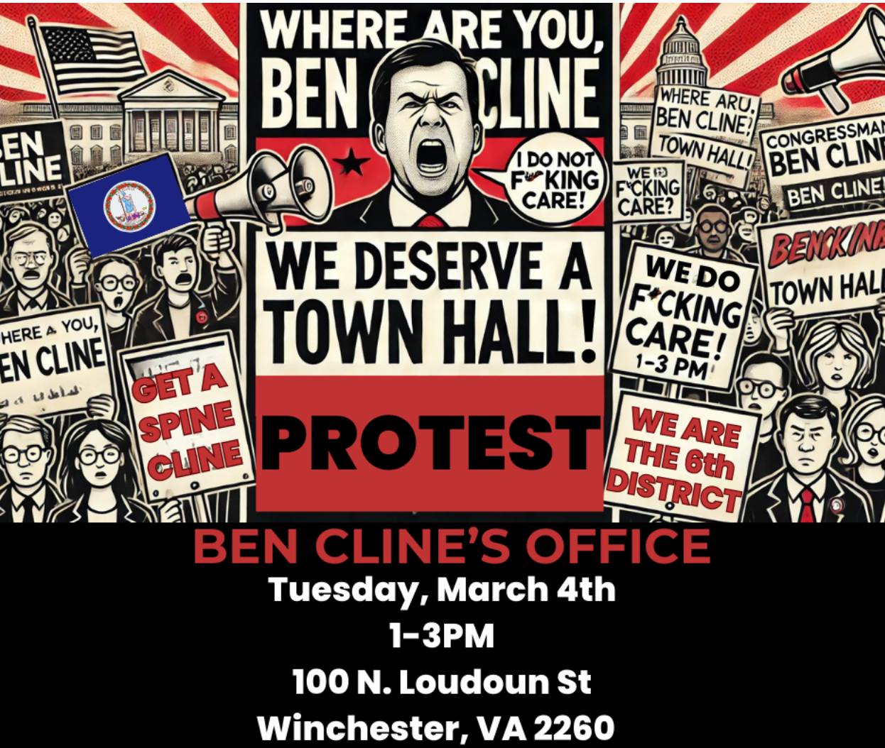 Where's Ben? Protest at Cline's Winchester office