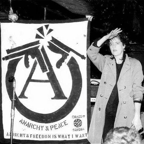 Gee Vaucher artist/designer of CRASS at Eric's Club. Liverpool