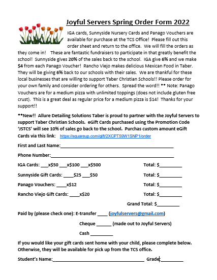 Taber Christian High School - Please check out our Spring Order Form ...