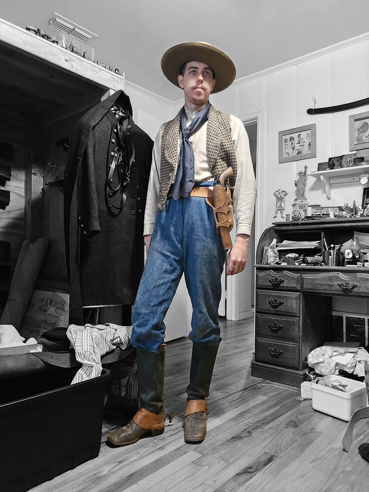 1880s cowboy costume with Vaquero style pants and Tom Selleck 