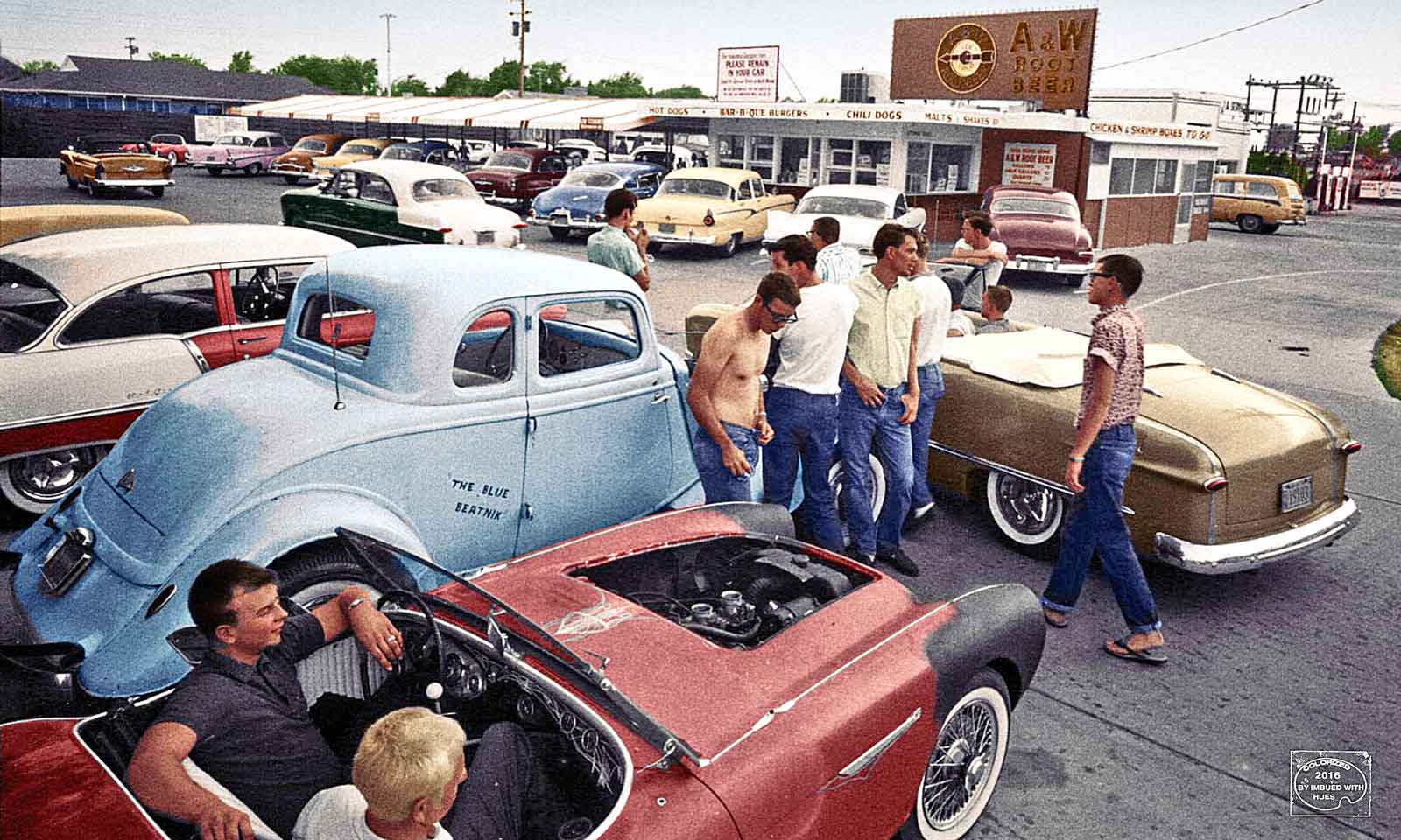 Teenagers in the parking lot of an A&W drive-in in Hutchinson