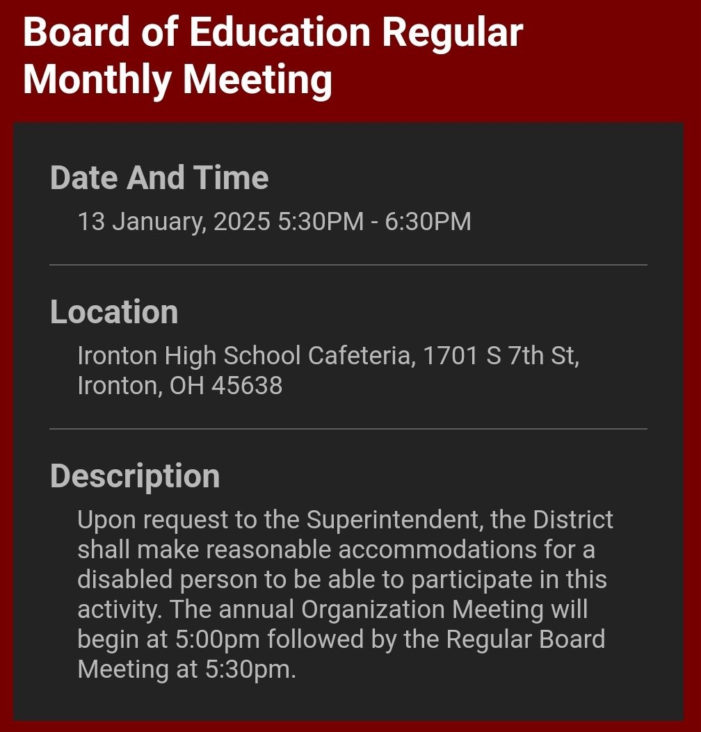 Ironton - Ironton City Schools will be having a Board Meeting on 1/13 ...