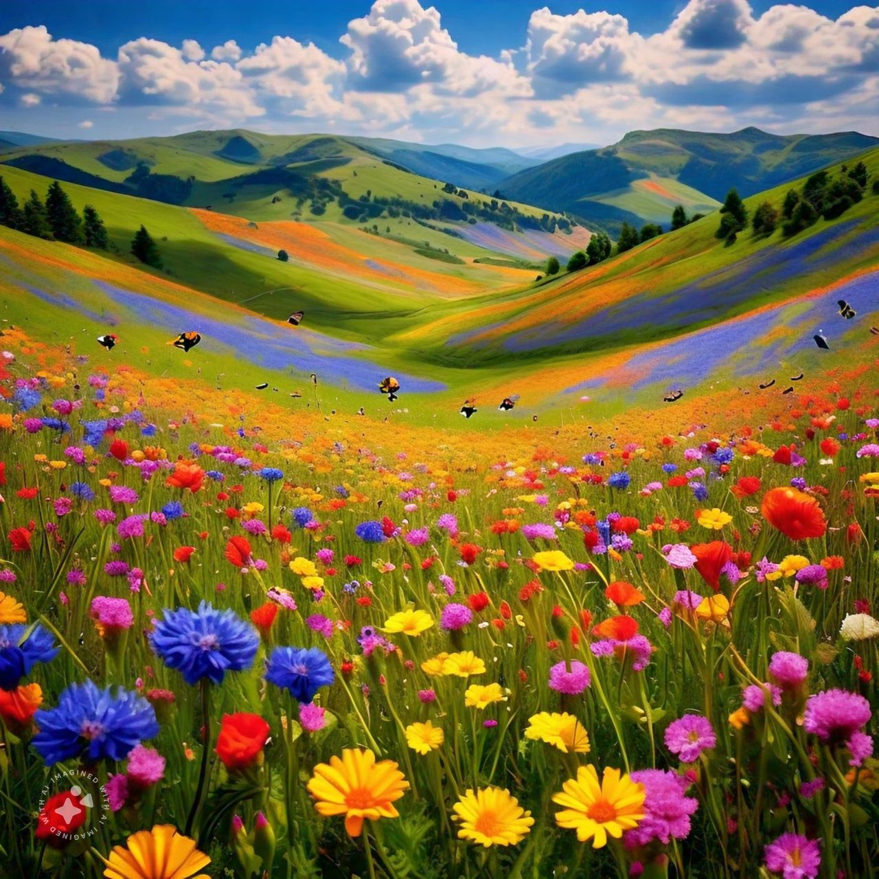 A vast, colorful meadow bursting with wildflowers in full bloom