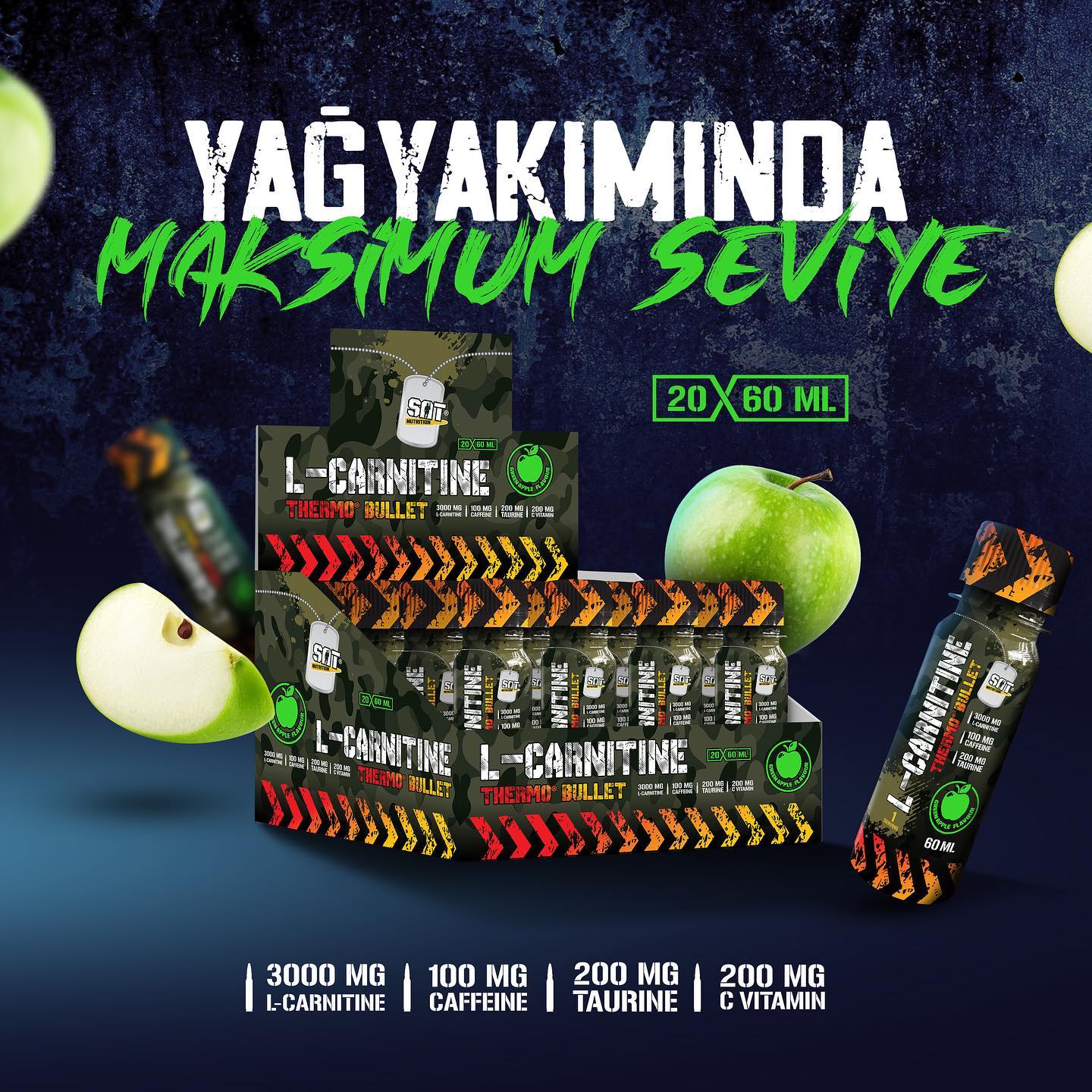 SAT Nutrition L-Carnitine ile formunuzu yakalayın, kilo verme sürecinizi hızlandırın!🔥🔥 ✓Pratik kullanımı ile her an seninle! ✓Yağ yakmaya yardımcı termojenik formülü ile 60 ml shot formunda,nefis yeşil elma tadında! ✓3000 mg L-Carnitin,200