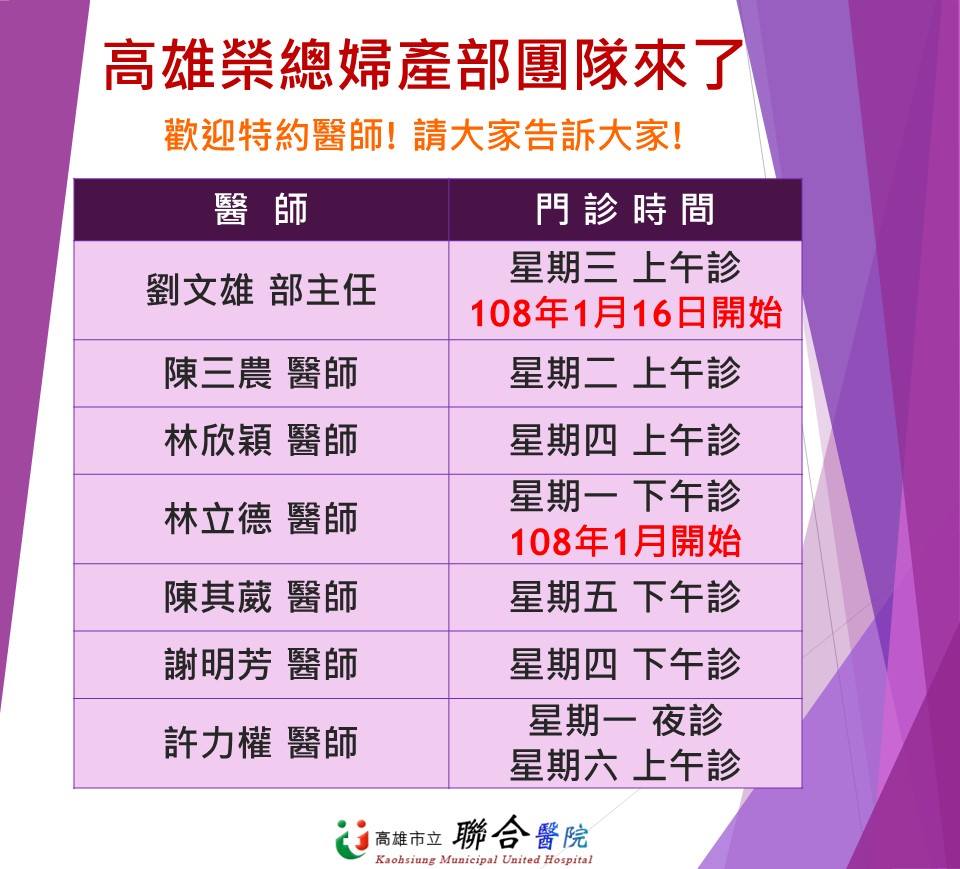 高雄市立聯合醫院 Kaohsiung Municipal United Hospital 高雄榮總婦產部團隊來了 劉文雄主任 高榮婦女醫學部主任 專長 一般產科 婦科腫瘤疾病 每周三上午診
