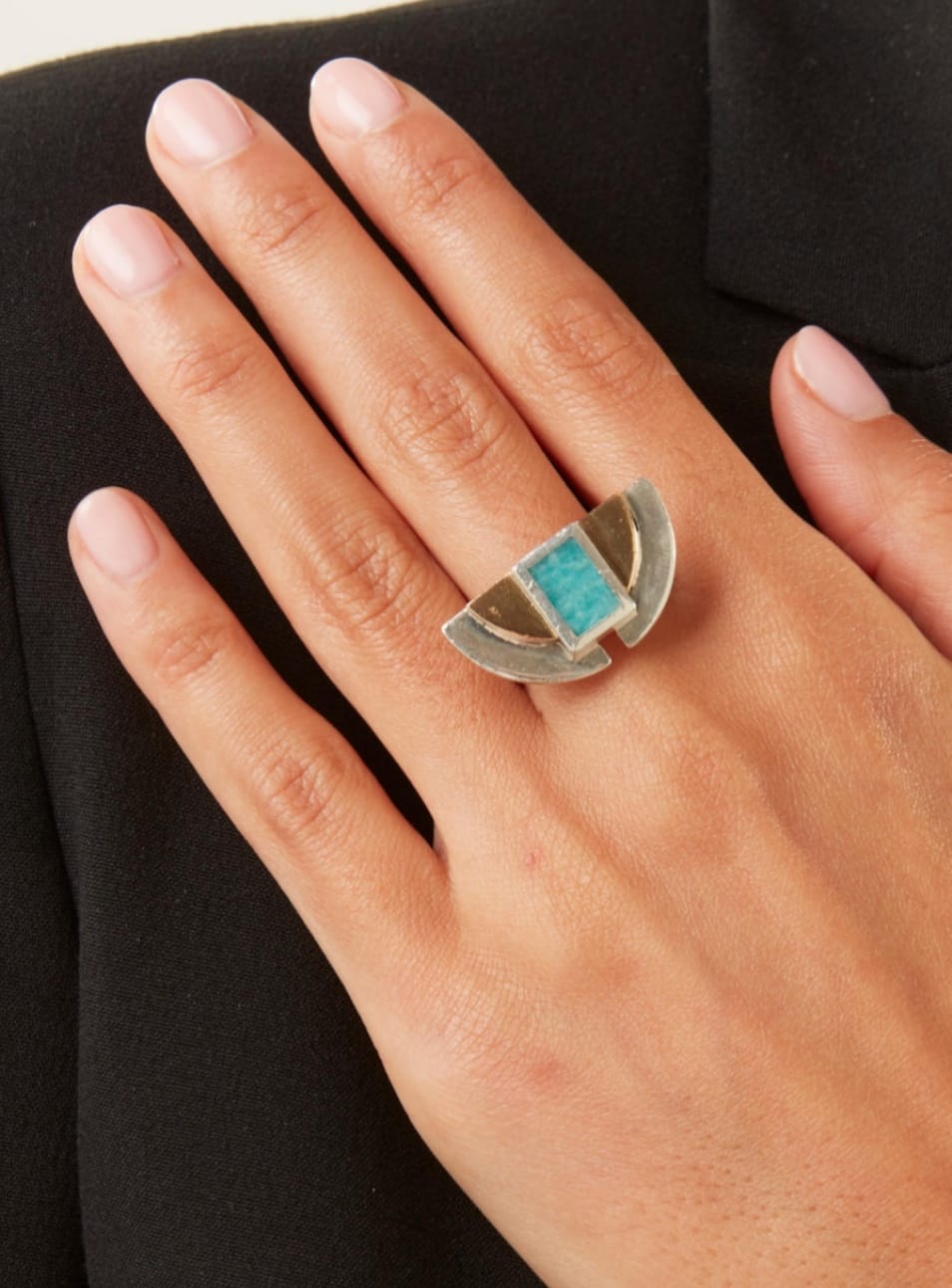 Bague Ancienne En Argent Sterling Et Amazonite - Style Art Nouveau - Anneau Antique
