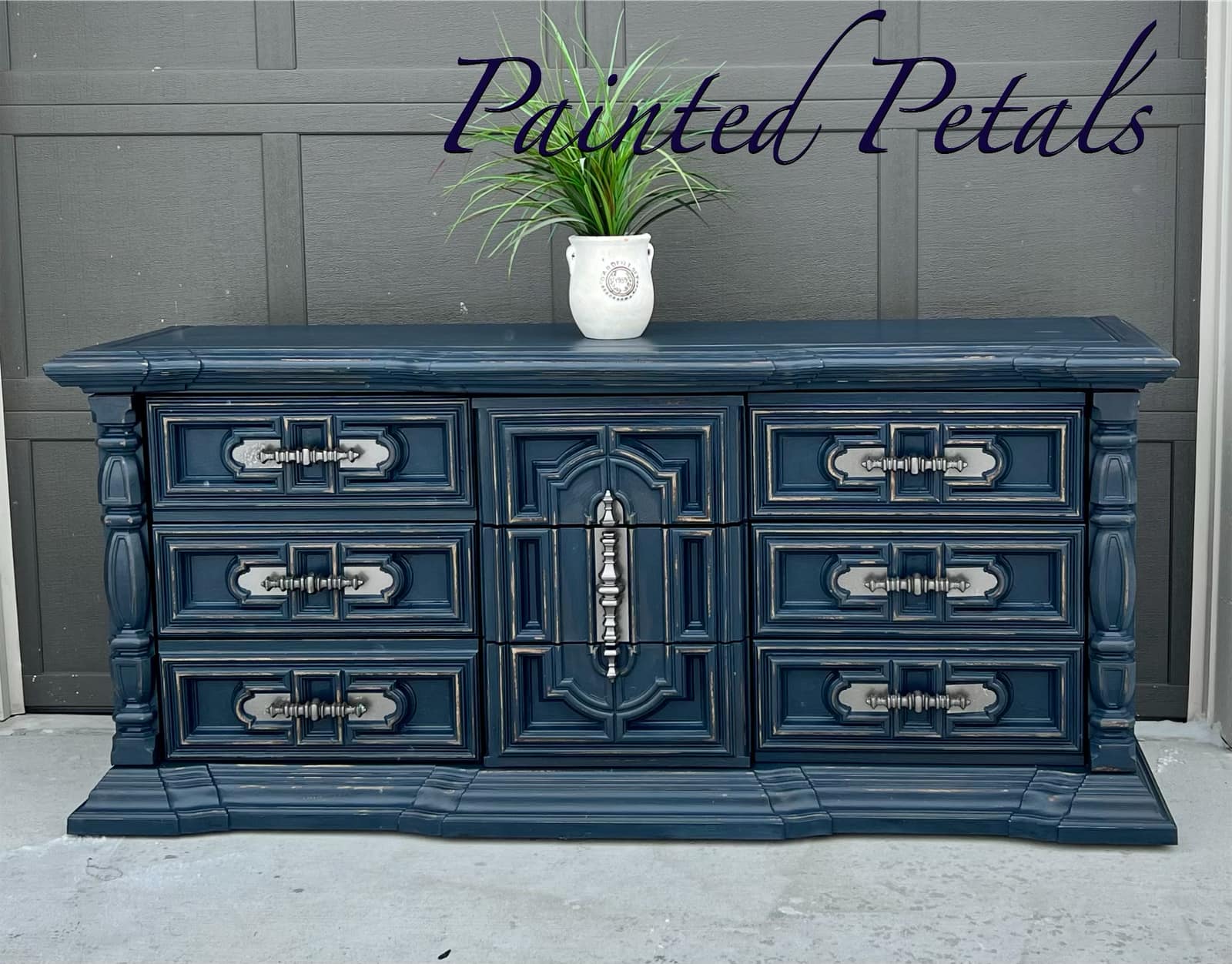 distressed navy blue dresser SOLD) Lightly 11 drawer dresser. 64” wide, 20” deep and 34” tall midnight blue dark blue furniture paint