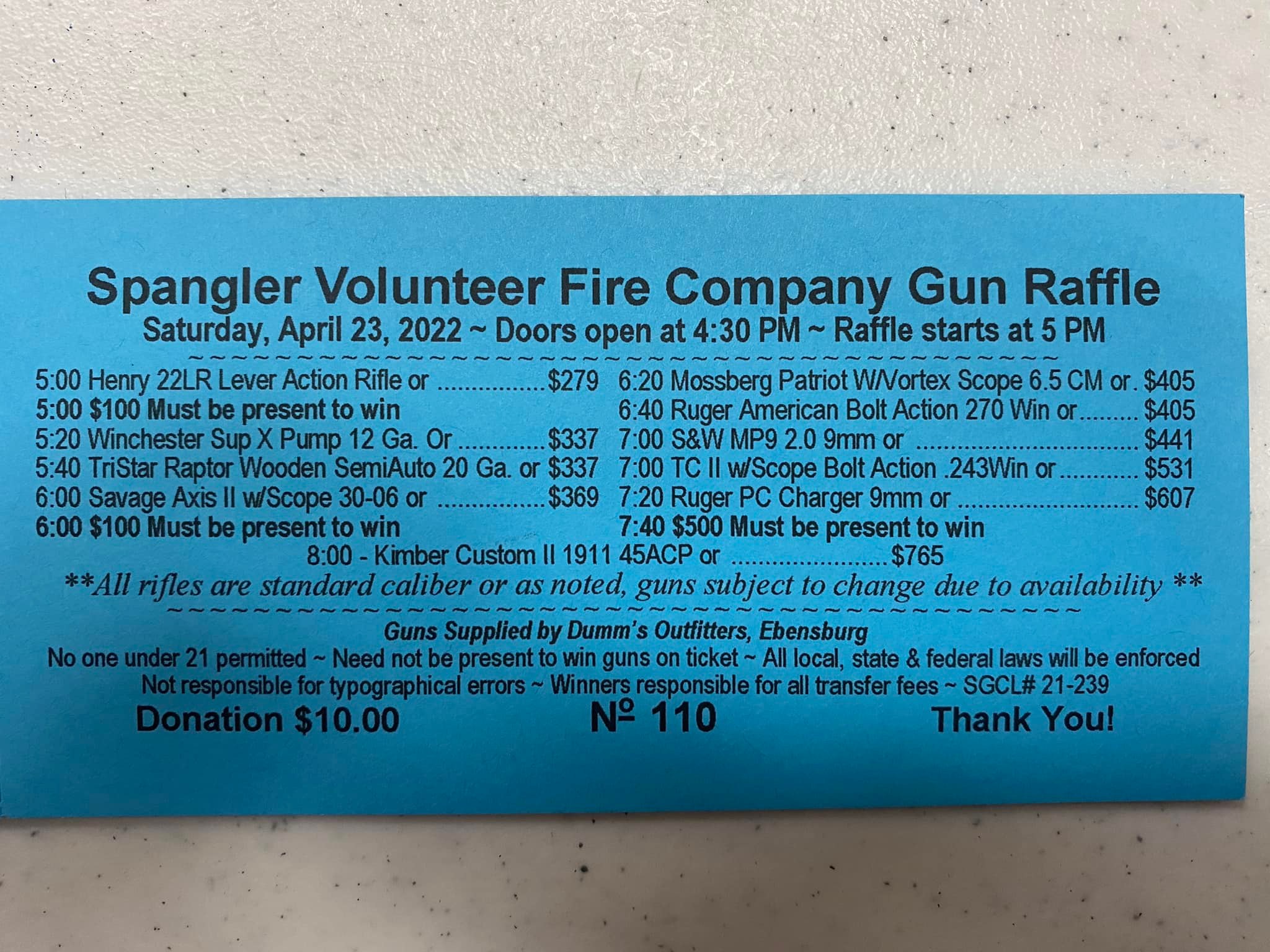 ‼️ Our Spring raffle tickets are... - Spangler Fire Company | Facebook