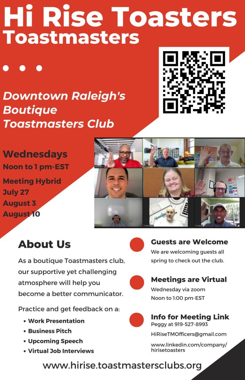 Hi - Hi Rise Toastmasters has gone hybrid! As Raleigh's Boutique ...