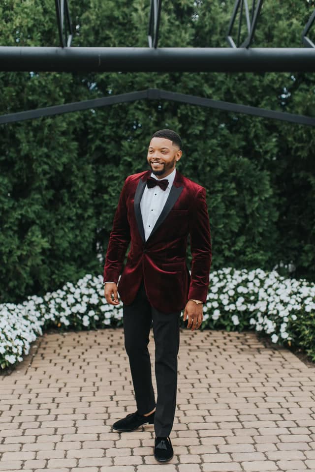 what color tux with burgundy dress Question? groom suit best complements bridesmaid dresses? photos will help a plus! *wedding location what color suit goes with burgundy dress