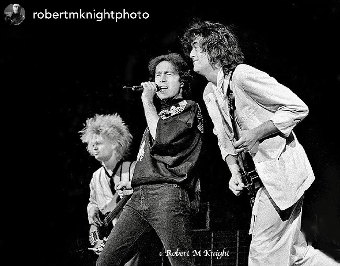 Tony Franklin with Jimmy Page at The Firm concert in 1985
