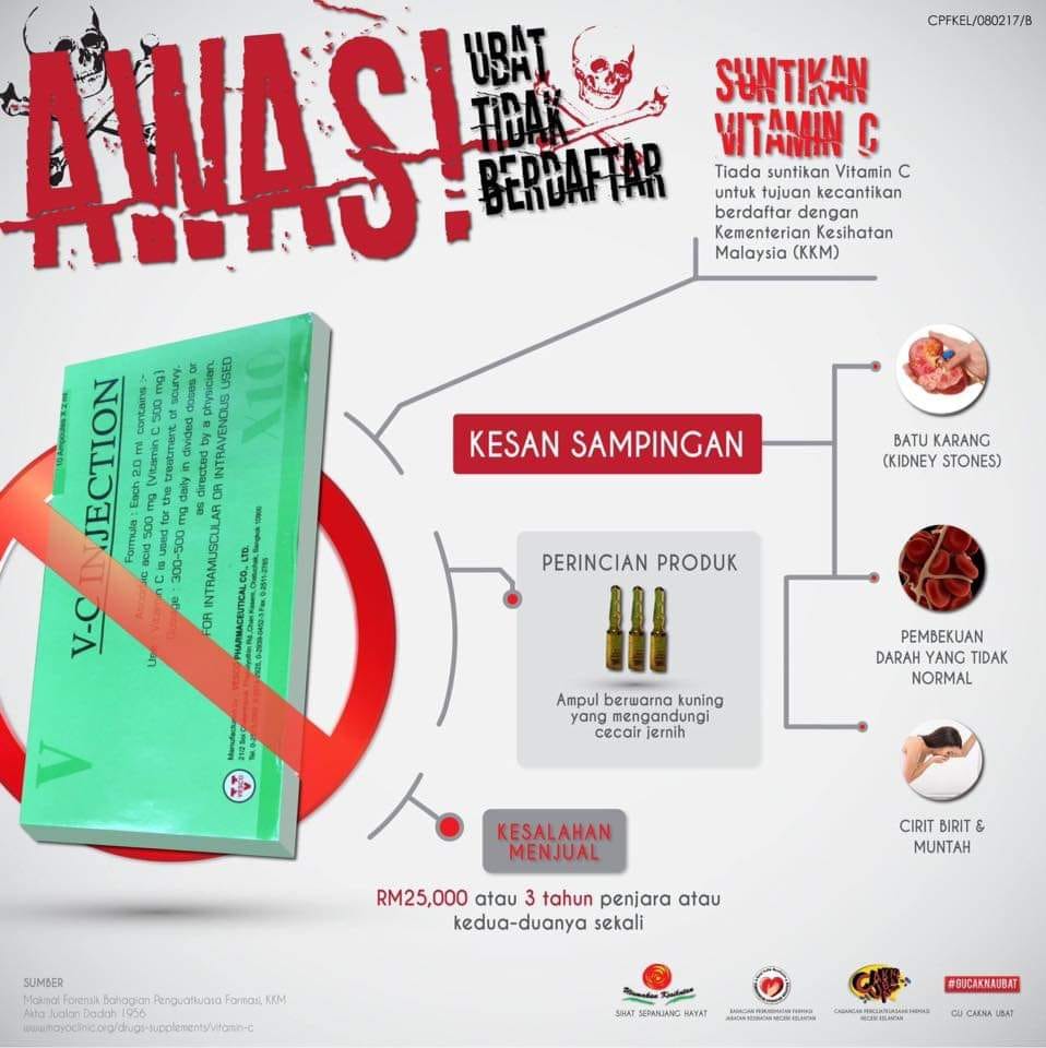 Farmasi Metro Tumpat Awas Tiada Suntikan Vitamin C Yang Berdaftar Dengan Kementerian Kesihatan Malaysia Jangan Terpedaya Dengan Iklan Kosmetik Dan Kecantikan Yang Mereka Reka Testimoni Palsu Pilih Untuk Cantik Dengan Selamat