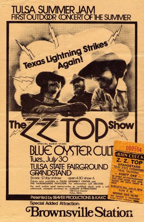 ZZ Top show poster from their July 30, 1974 show in Tulsa, OK at