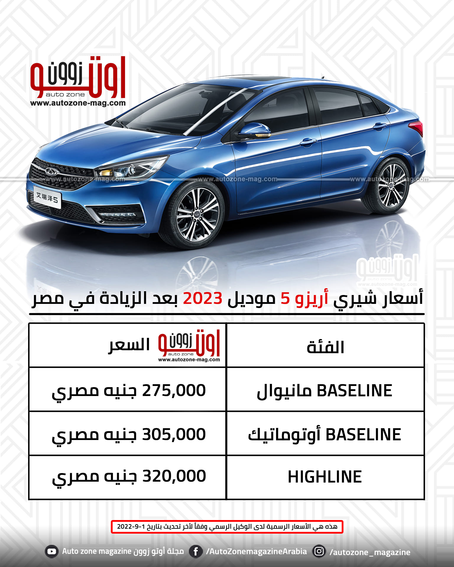 Auto Zone magazine - مجلة أوتو زوون - أحدث أسعار شيري أريزو 5 بعد ...