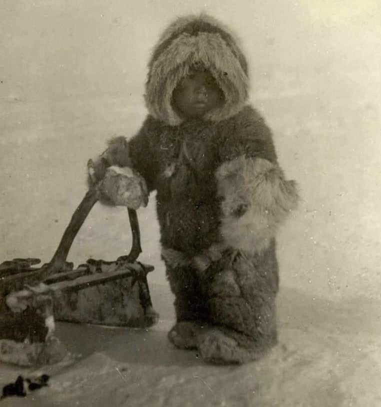 【希少】デンマーク ヴィンテージ Britt Wedberg イヌイットの子供 An Inuk toddler in full furs holding onto a sled, taken likely in