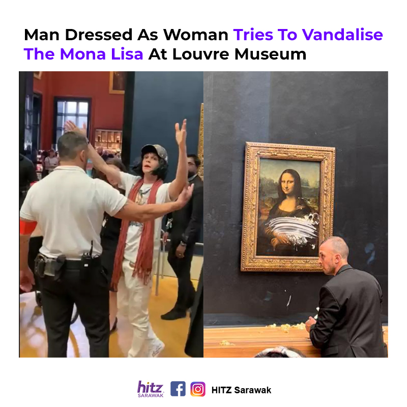 man dressed as old lady throws cake at mona lisa The incident of a woman and smeared over the iconic painting, 