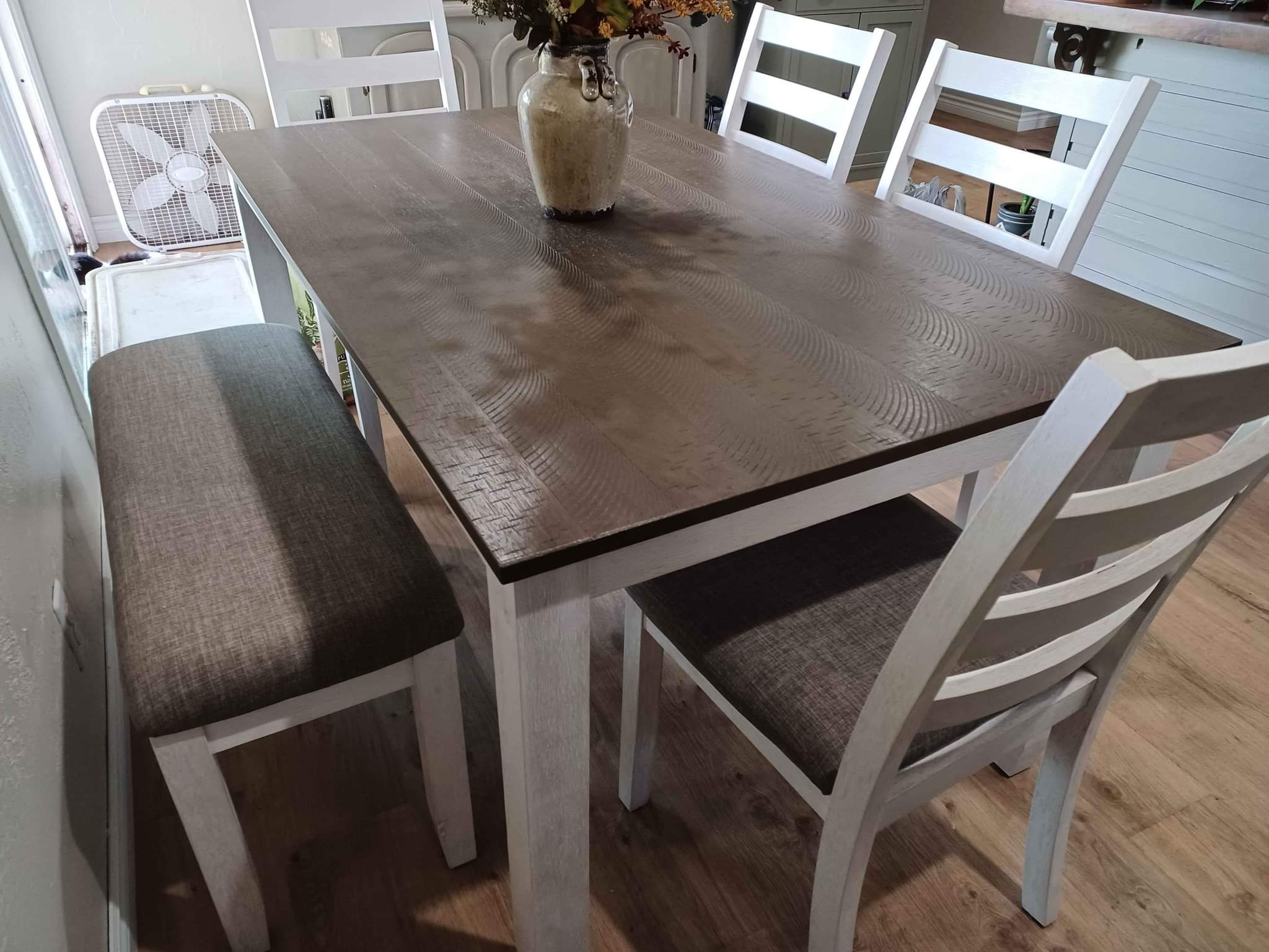 Modern Farmhouse style kitchen table with 4 chairs and bench. Dining