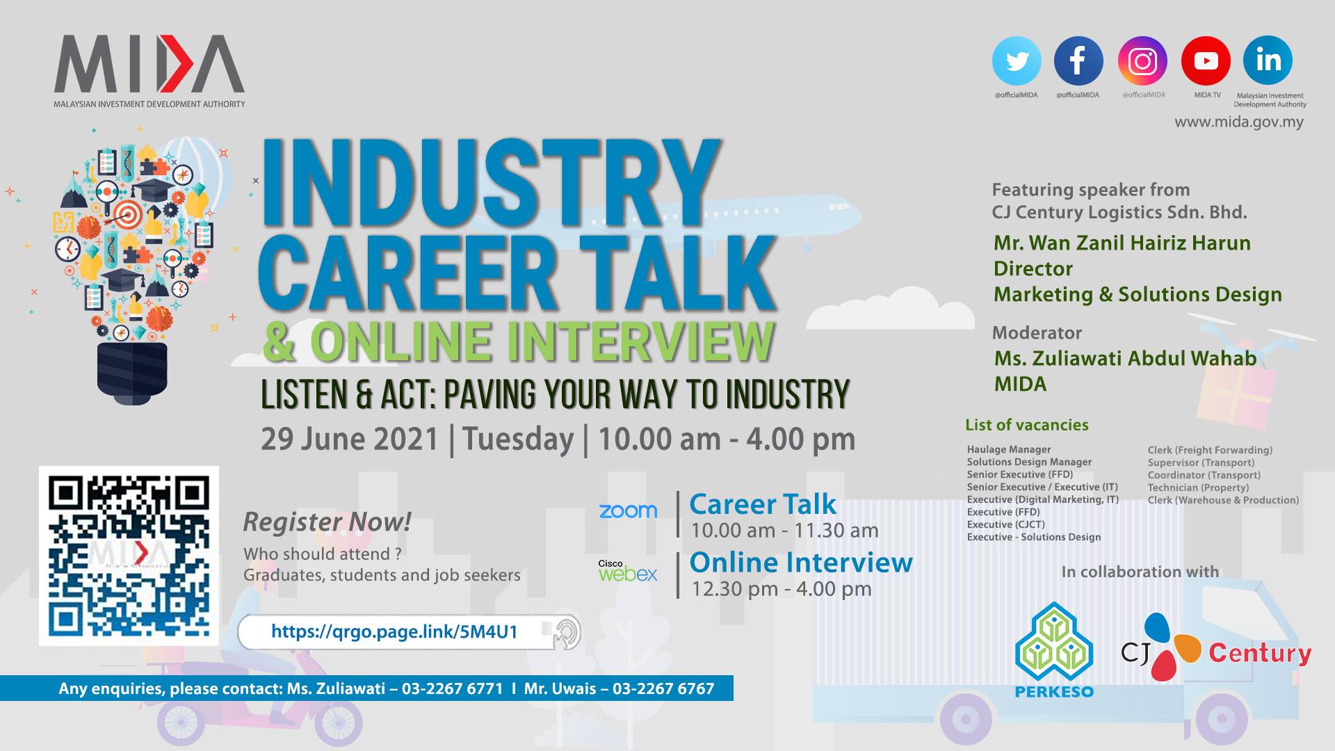 Cj Century We Are Delighted And Honoured To Be Invited To Speak At The Industry Career Talk Organised By Malaysia Investment Development Authority Mida On The 29th June 2021 Tuesday At