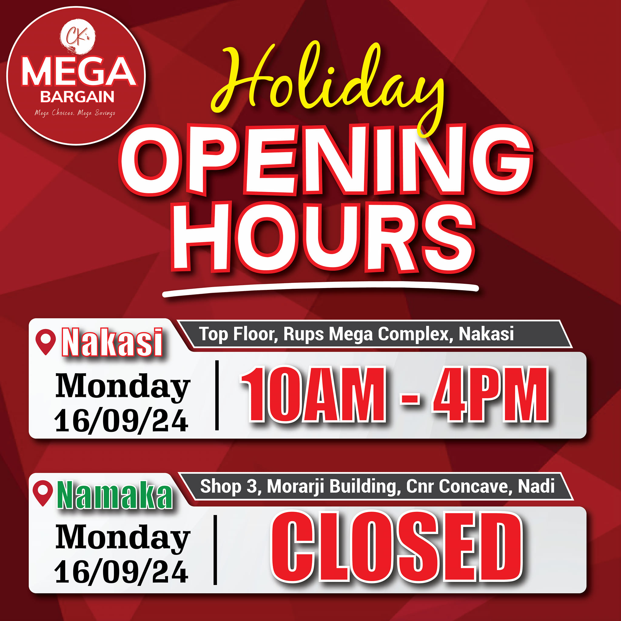 📢 Holiday Opening Hours - Monday📢... - Ck's MEGA Bargain