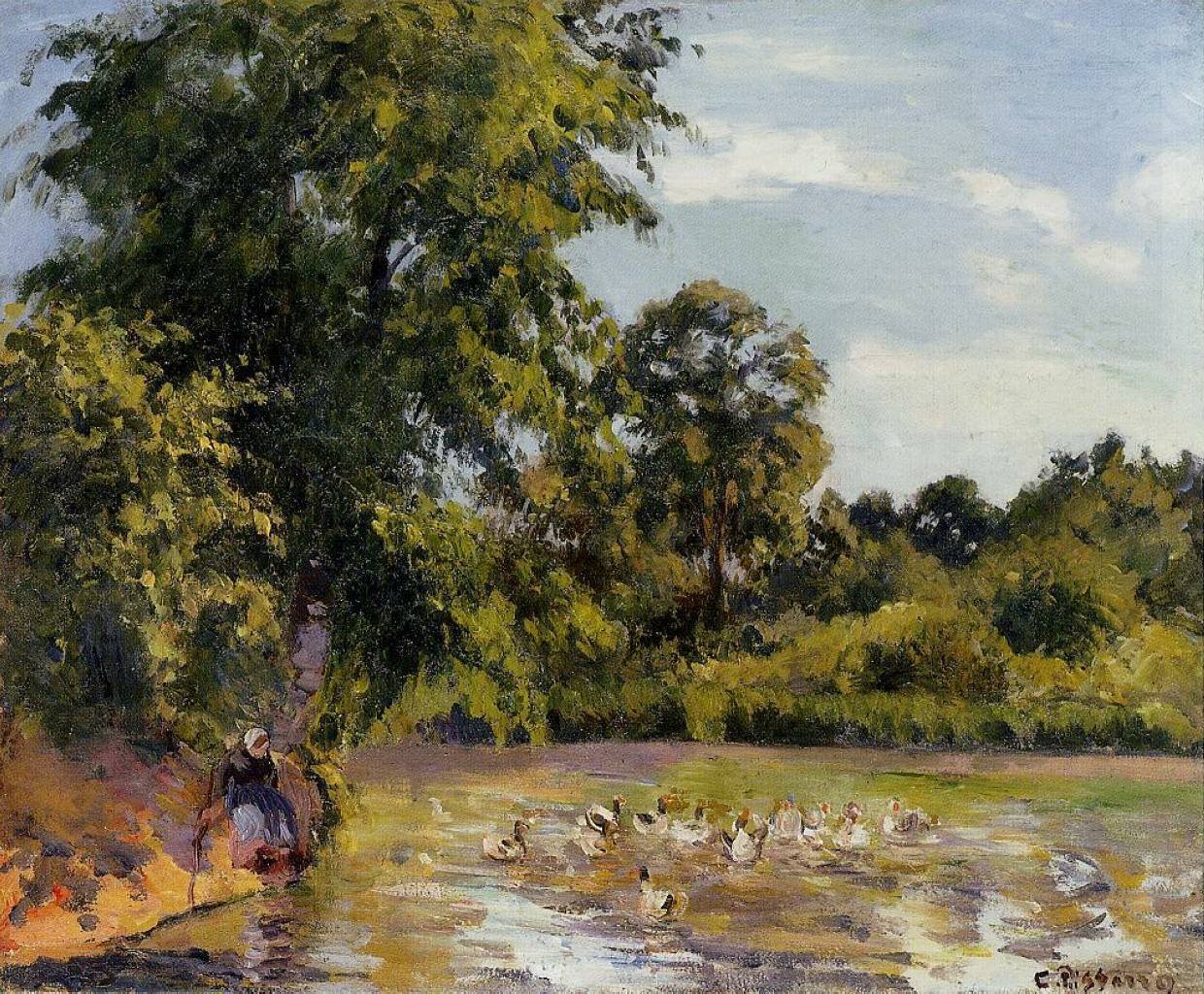 Camille Pissarro, Ducks on the Pond at Montfoucault #art #painting