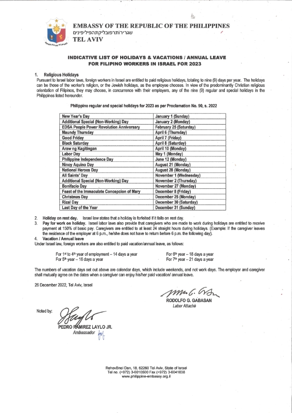 Indicative List of Holidays... - Philippine Embassy in Israel | Facebook