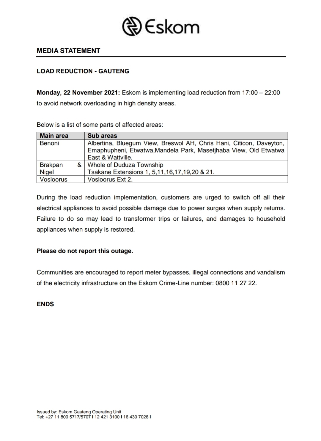 Eskom Hld SOC Ltd - Eskom Load Reduction Notice Date: 22 November 2021 ...