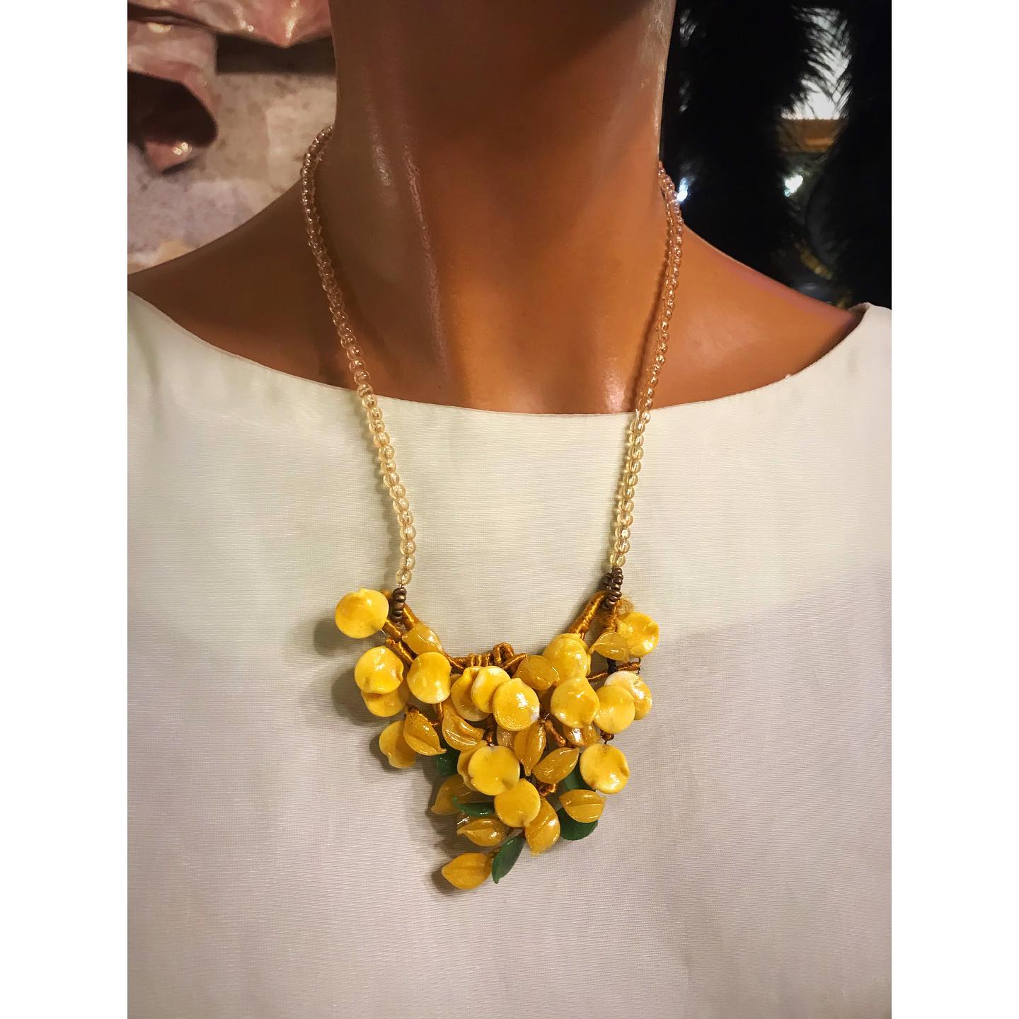 Collier Vintage En Perles De Celluloïd Jaunes Irisées - Bijou Ancien - Parfait état