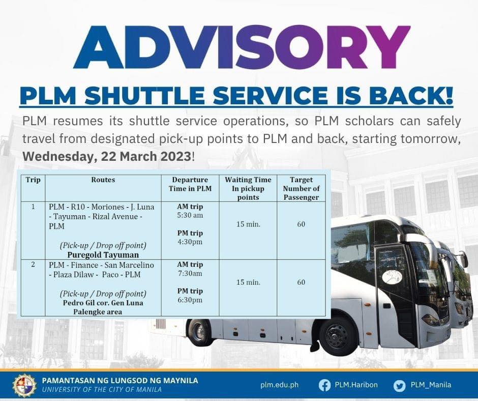 PLM SHUTTLE SERVICE IS... - Manila Public Information Office | Facebook