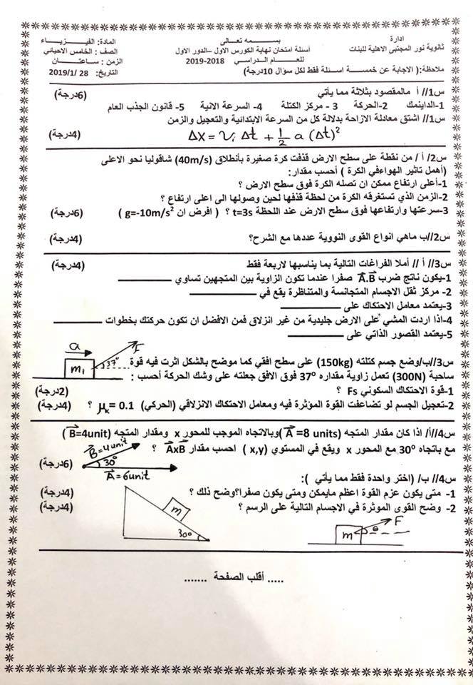 اسئلة امتحان ثانوية نور المجتبى النموذجية الاهلية للبنات فيسبوك