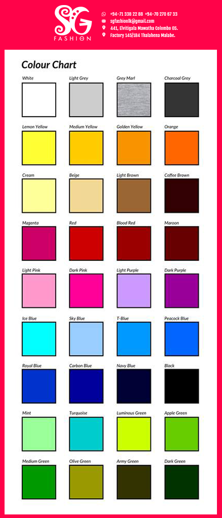 Our Fabric Colour Chart! - SG Fashion Custom T-Shirts
