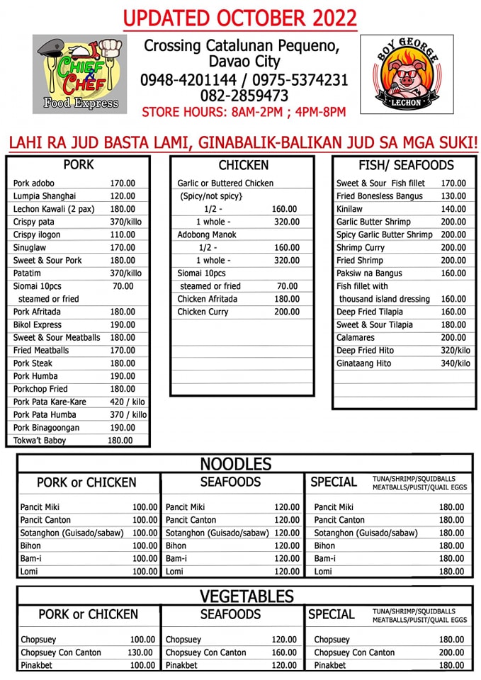 UPDATED MENU... - Chief&Chef Food Services- Catalunan Pequeño