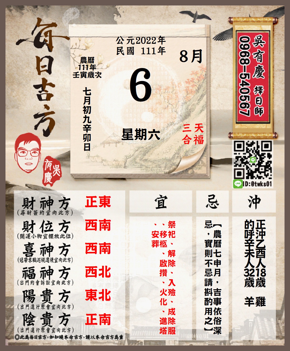 吳漢金明德堂擇日館 - 每日晚上九點免費發送【每日吉方】，內含每日的 正沖及常用且可用的科別，供所需大德參考！... | Facebook