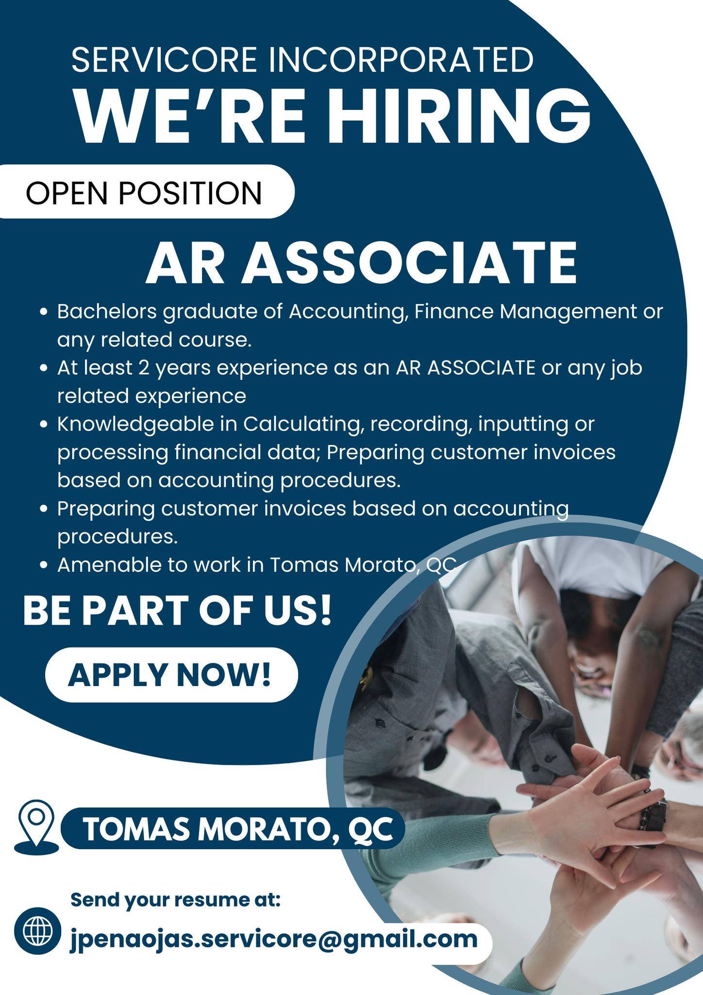 Joselle - Servicore Inc., is in need of AR ASSOCIATE for Tomas Morato ...