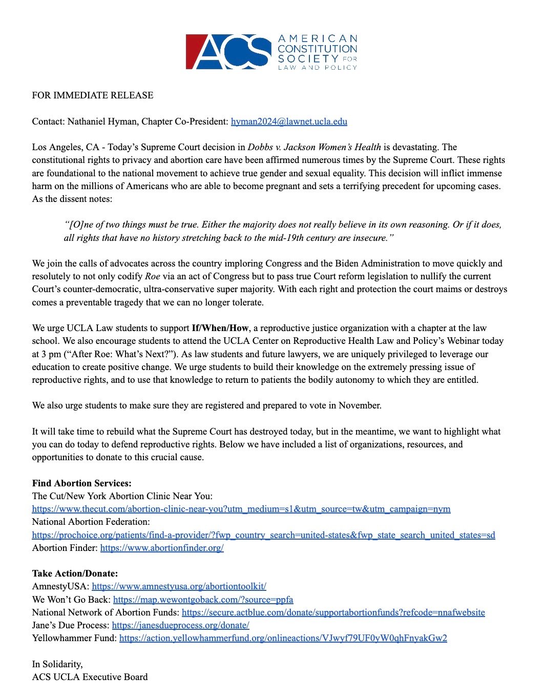 American - UCLA ACS Statement in Response to the Supreme Court ...
