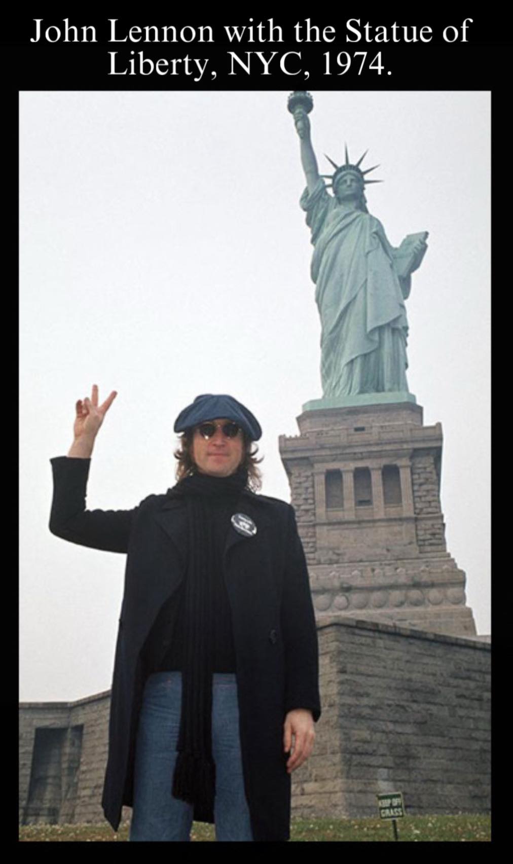 John Lennon with the Statue of Liberty, NYC, 1974. Photo by Bob Gruen