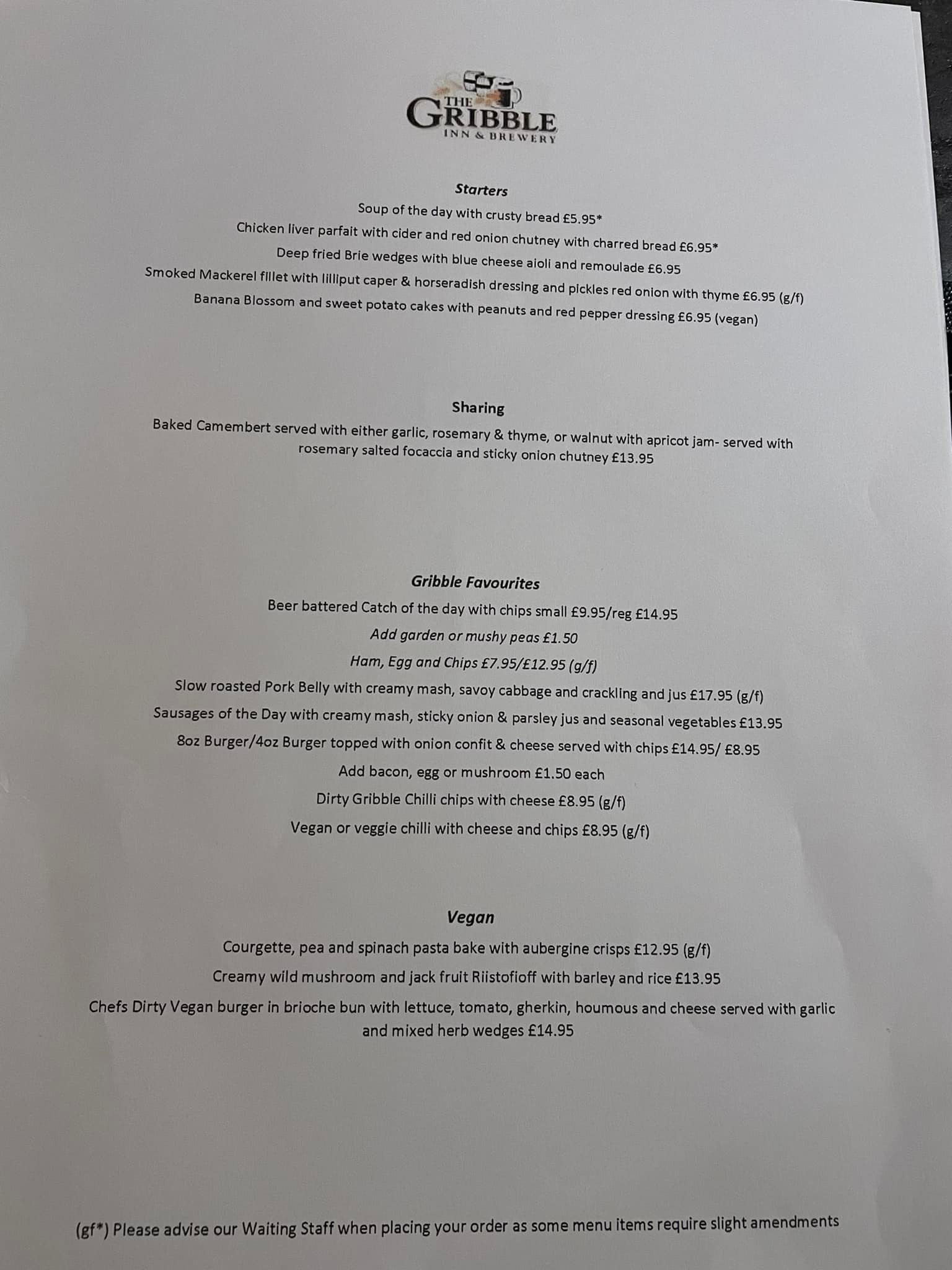 The Gribble Inn - Todays menu with our new vegan choices | Facebook