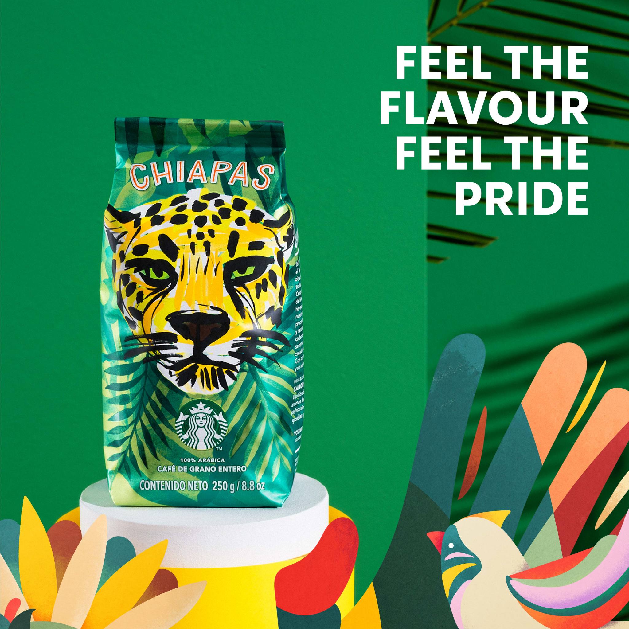A colorful coffee bag filled with coffee bean flavors of dried 