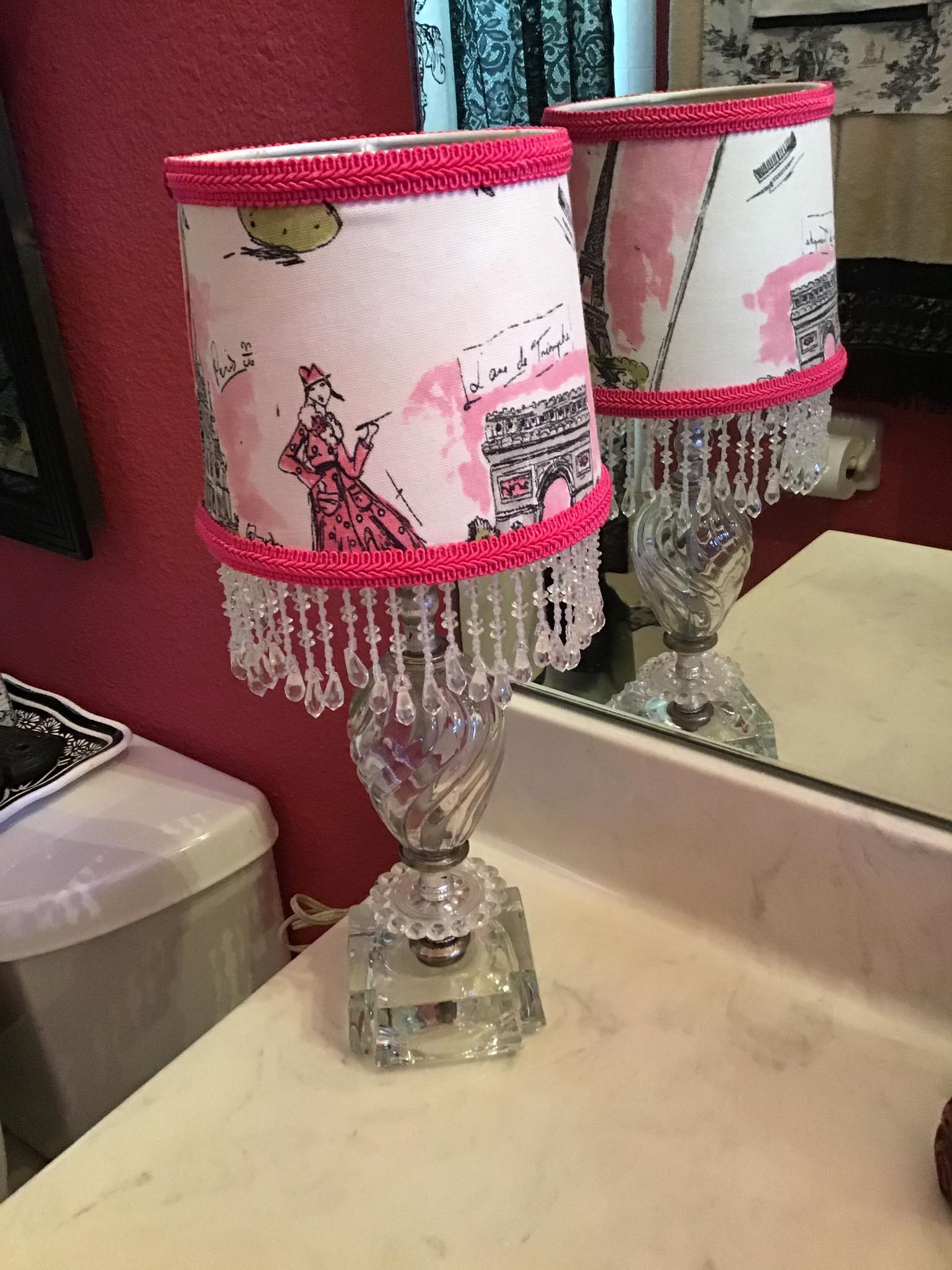 Vintage lamp with custom Paris themed shade. Shabby chic, Paris chic style.