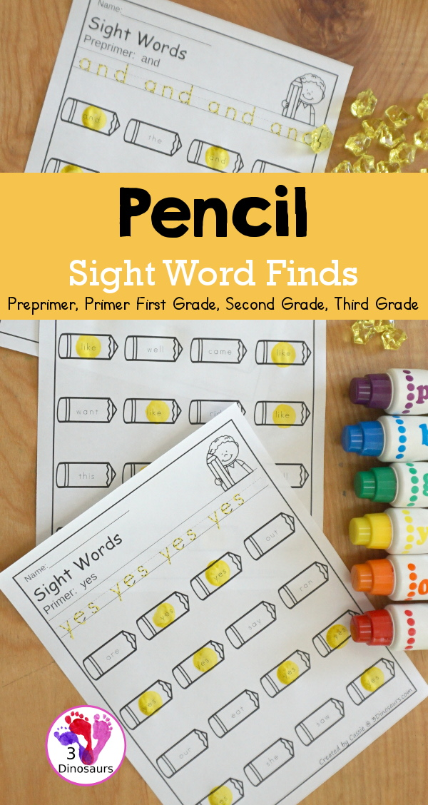3 Dinosaurs - Pencil Sight Word Find – all 220 Dolch Sight...