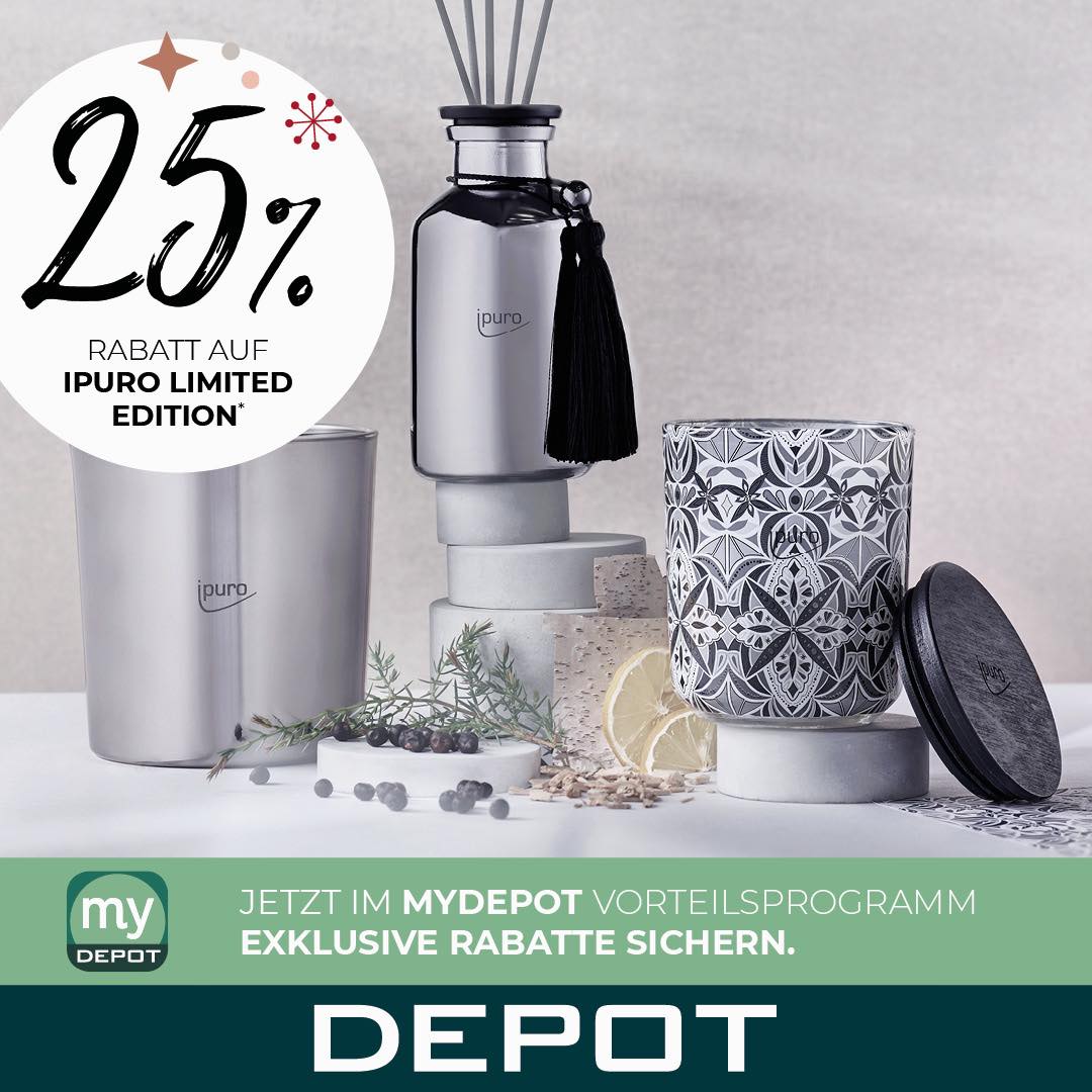 🤩Achtung Aufgepasst – tolle DEPOT Aktion! Werde jetzt myDEPOT Member und sichere dir 25% Rabatt auf ipuro Limited Edition. Jetzt zwischen 14.11. bis 19.11.2022 Member werden und Vorteil sichern. 🤩 * Diese