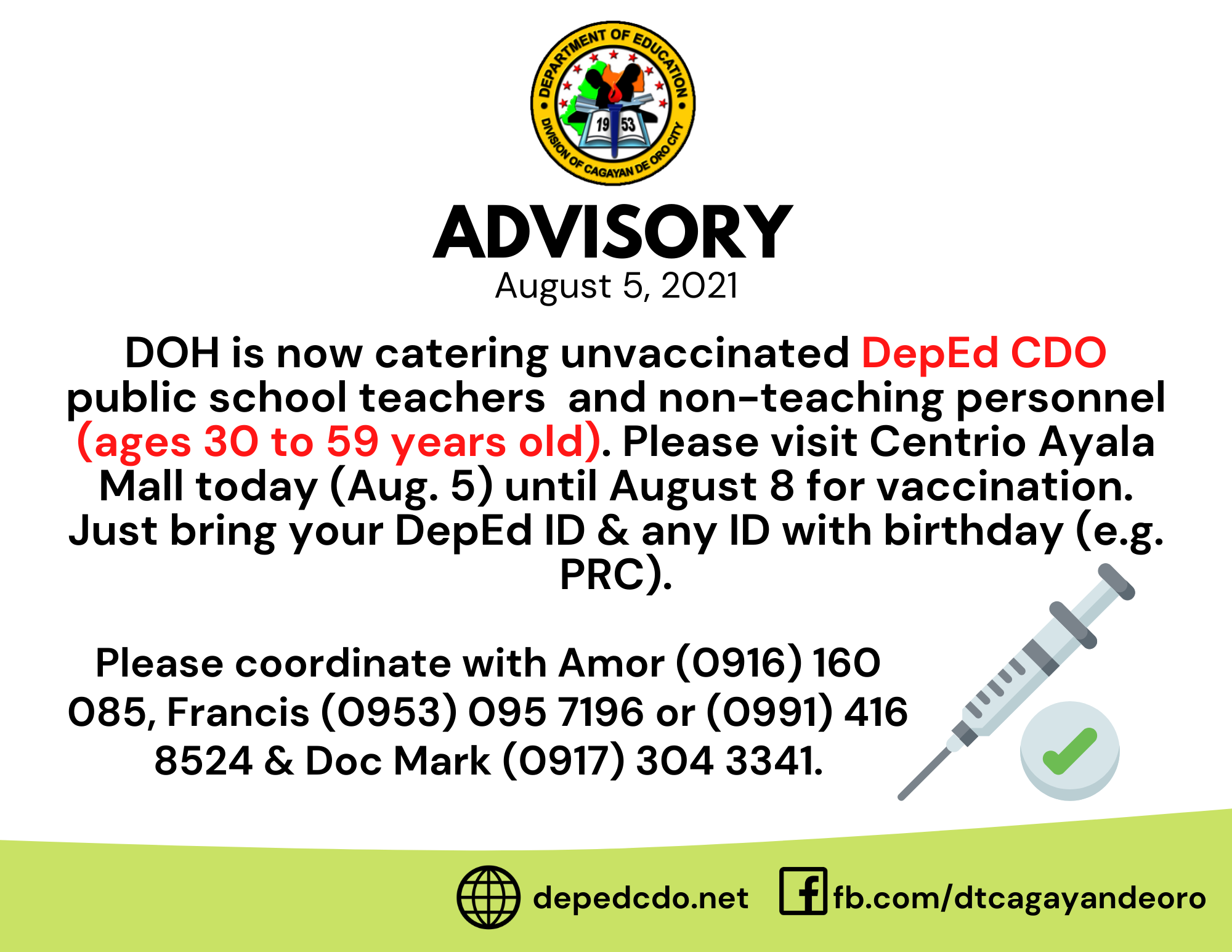 DepEd - DOH is now catering unvaccinated DepEd CDO public school ...