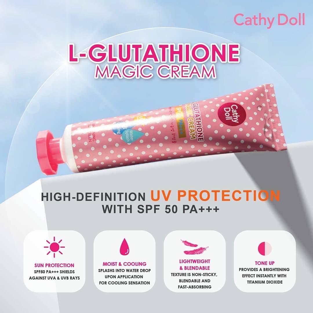 cathy doll l glutathione magic cream facebook BACK INSTOCK!!! Thank you for patiently waiting. We're back with the L-Glutathione SPF50 PA+++, the next level of sunscreen that goes beyond mere protection. It tones your skin Number of Vials:1 Vial Glow - Glutathione Tablets تونر يحسن نسيج الجلد