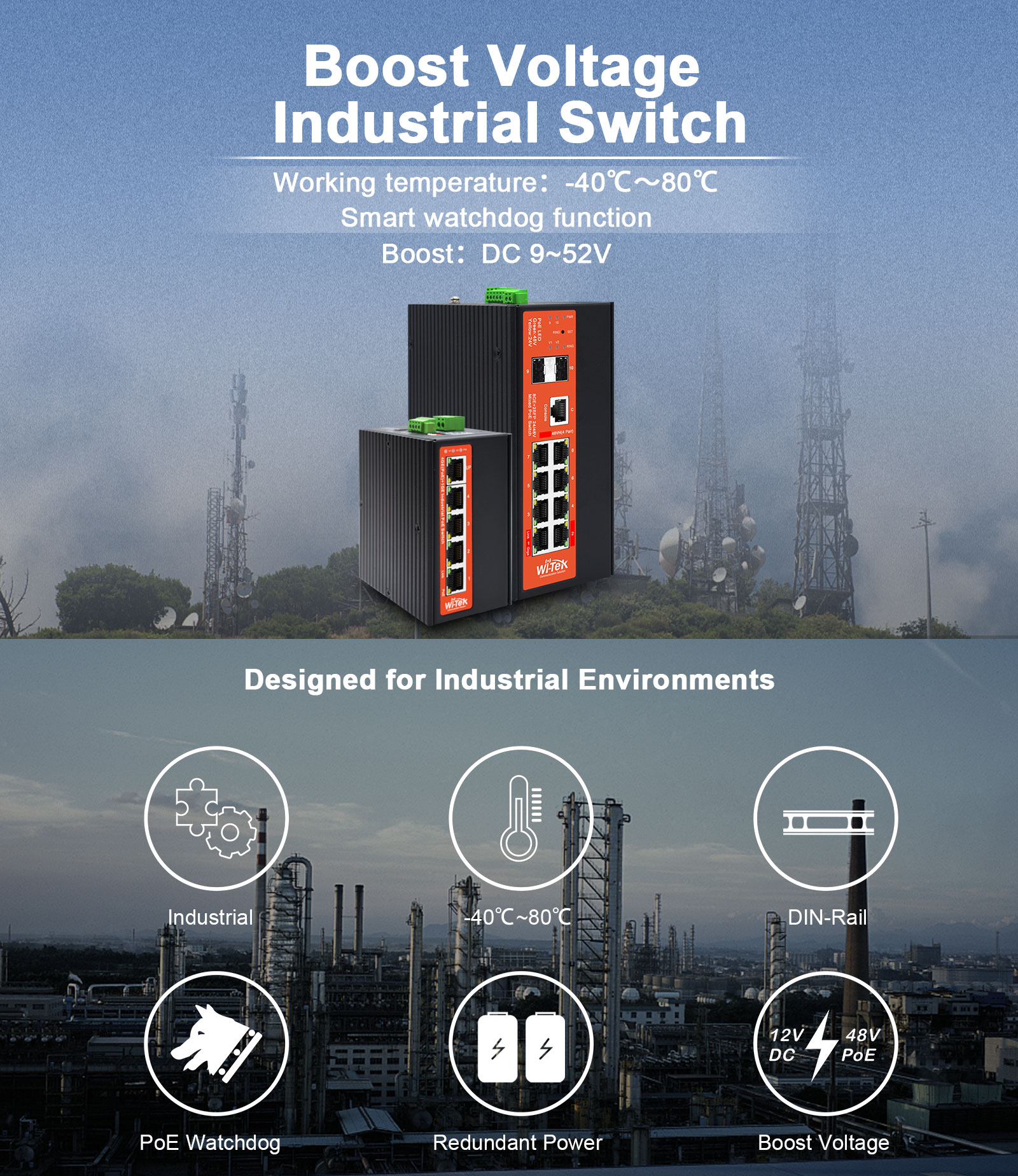 Wi-Tek - Wi-Tek Boost Voltage Industrial PoE Switch. Boost Voltage ...