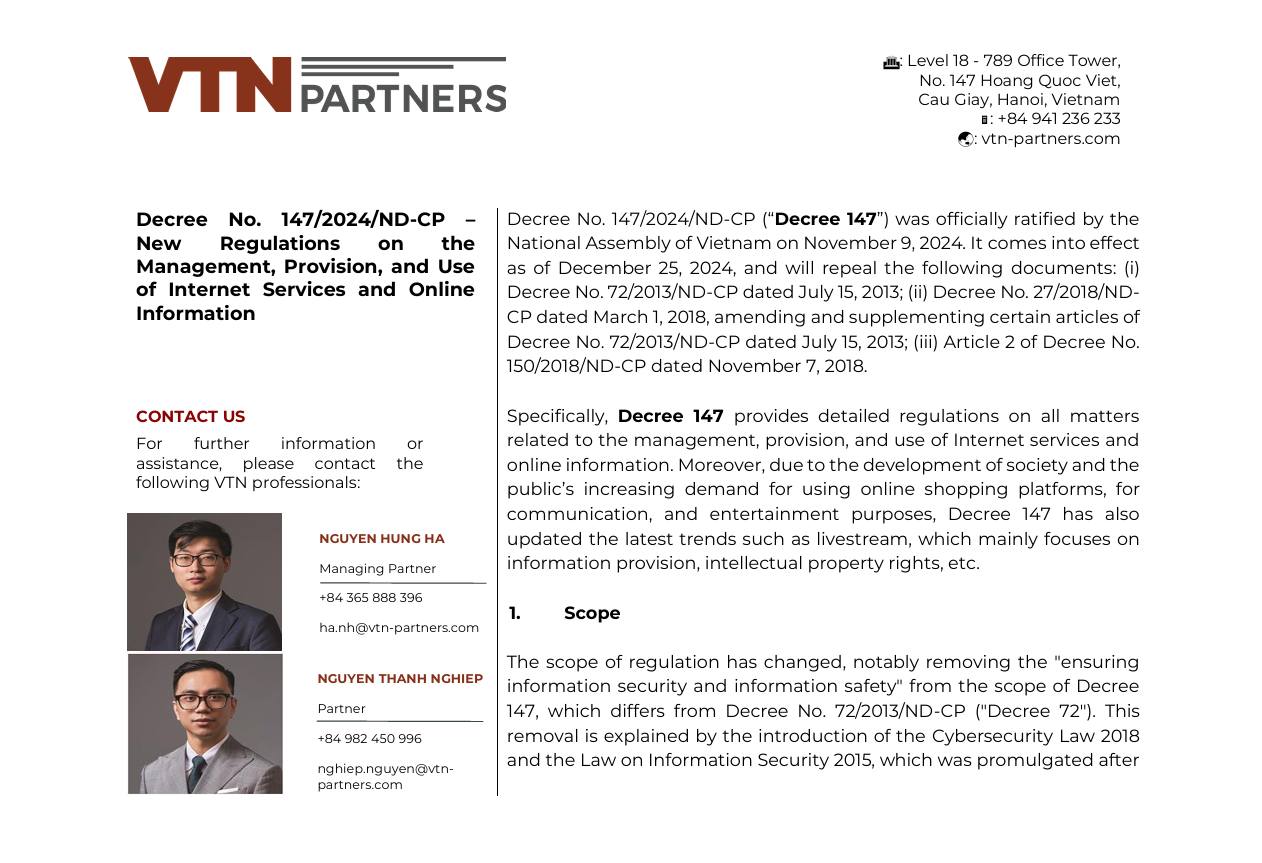 VTN - DECREE NO. 147/2024/ND-CP – NEW REGULATIONS ON THE MANAGEMENT ...