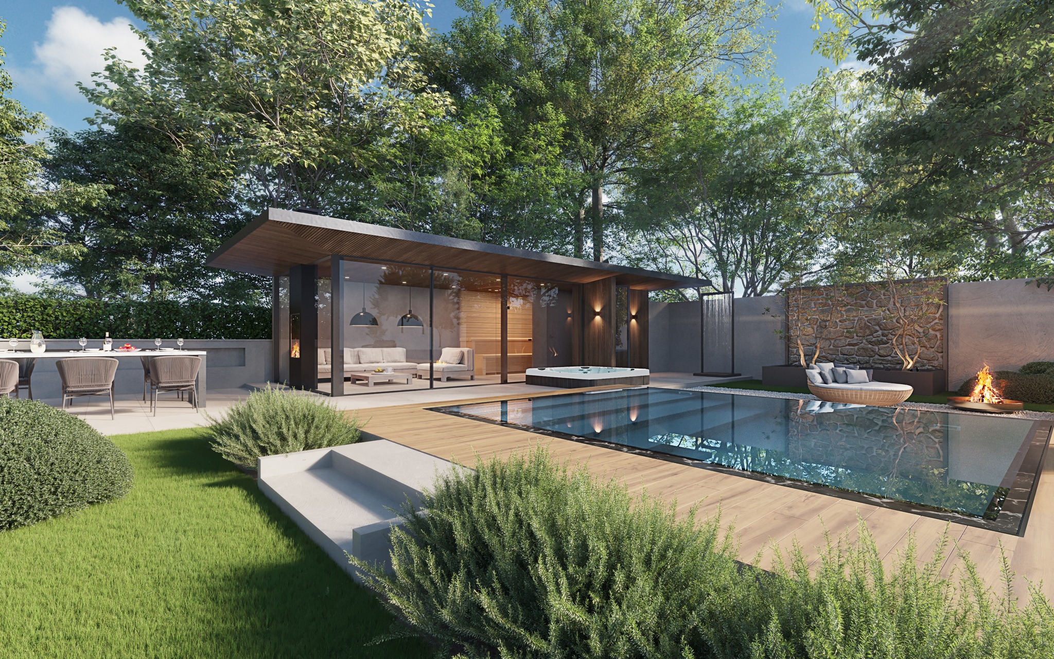 A Refined Backyard Escape with Glowing Pavilion, Poolside Loungers, and ...