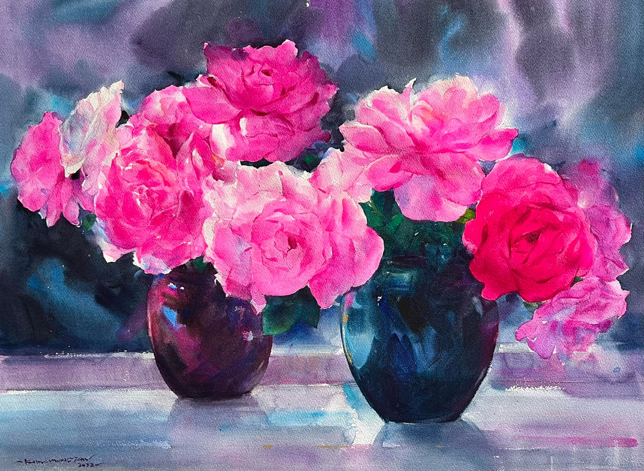 Myanmar watercolor roses by Khin Moe Pwint